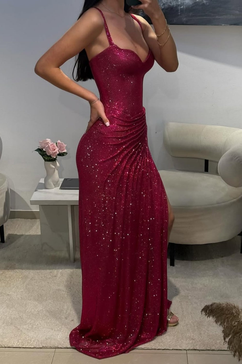 Furlla Women Dark Red Glitter Bodycon Homecoming Dress with Sweetheart Neck Spaghetti Straps Ruched Side Slit Furlla Official Furlla Women Dark Red Glitter Bodycon Homecoming Dress with Sweetheart Neck Spaghetti Straps Ruched Side Slit Furlla Official