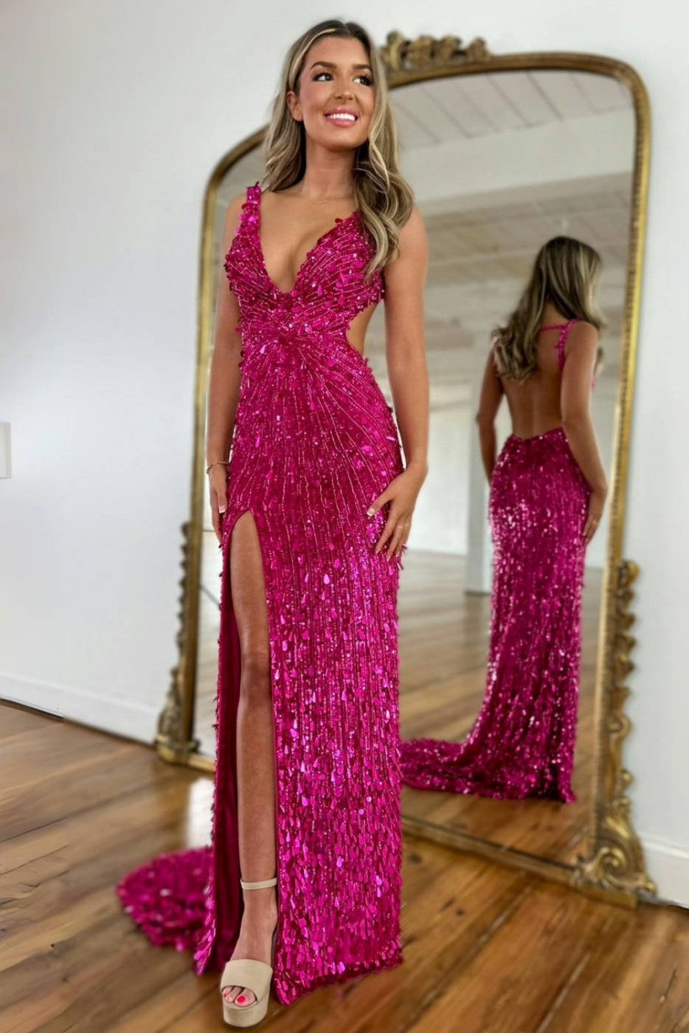 Fully Beaded Prom Dress with Deep V Neck Slit and Open Back