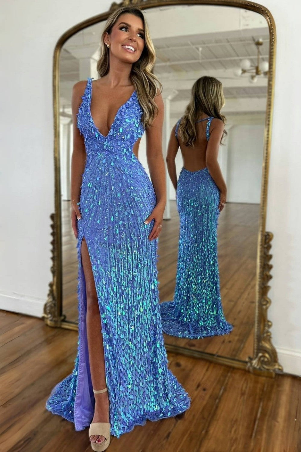 Furlla Women Fully Beaded Prom Dress with Deep V Neck Slit and Open