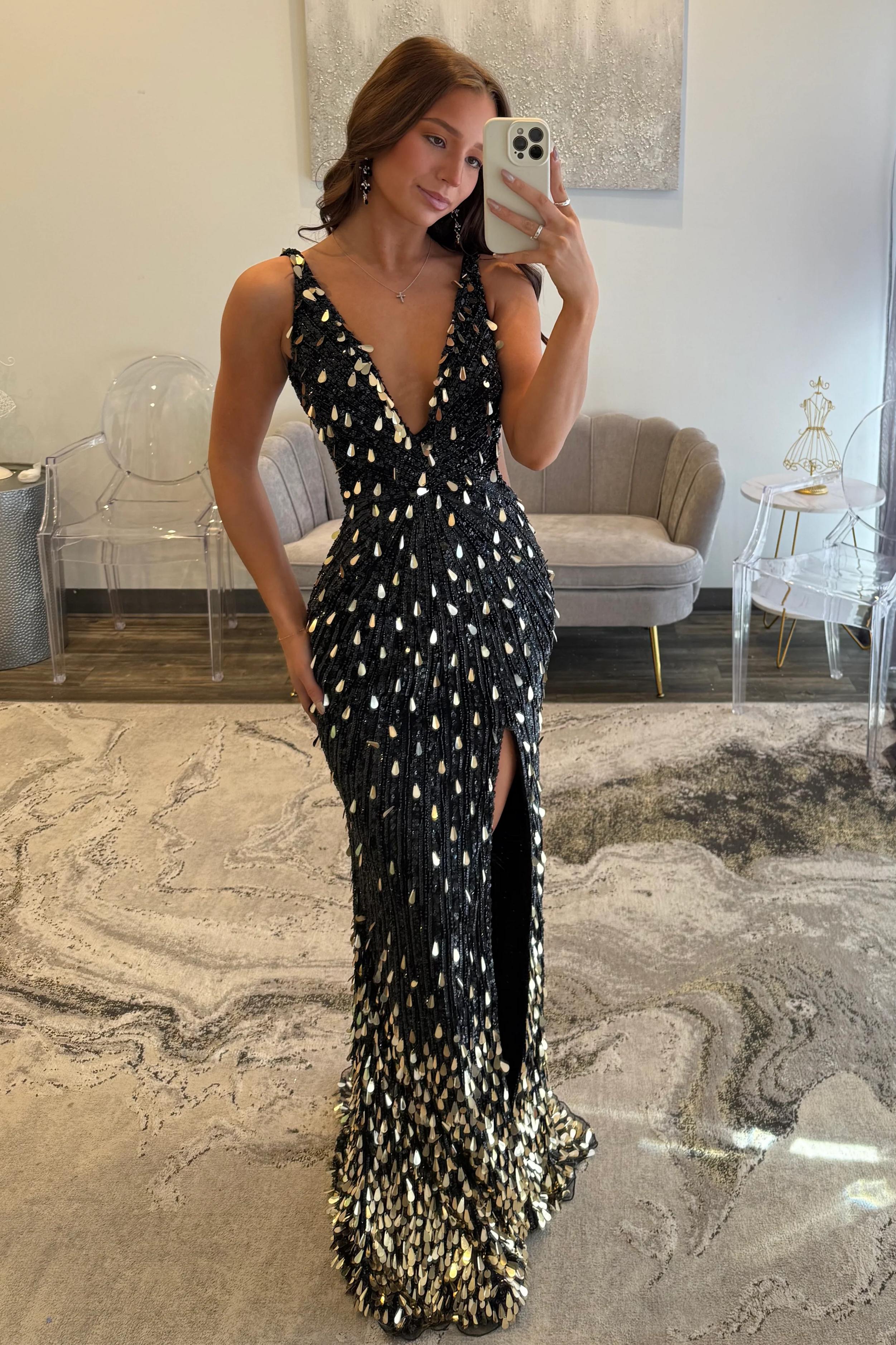 Furlla Women Fully Beaded Prom Dress with Deep V Neck Slit and Open Back Furlla Official Furlla Women Fully Beaded Prom Dress with Deep V Neck Slit and Open Back Furlla Official