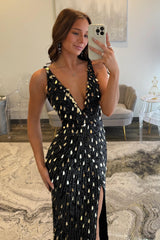 Luxury Black Beaded Mermaid Prom Gown with Plunging Neckline & Slit