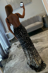 Luxury Black Beaded Mermaid Prom Gown with Plunging Neckline & Slit