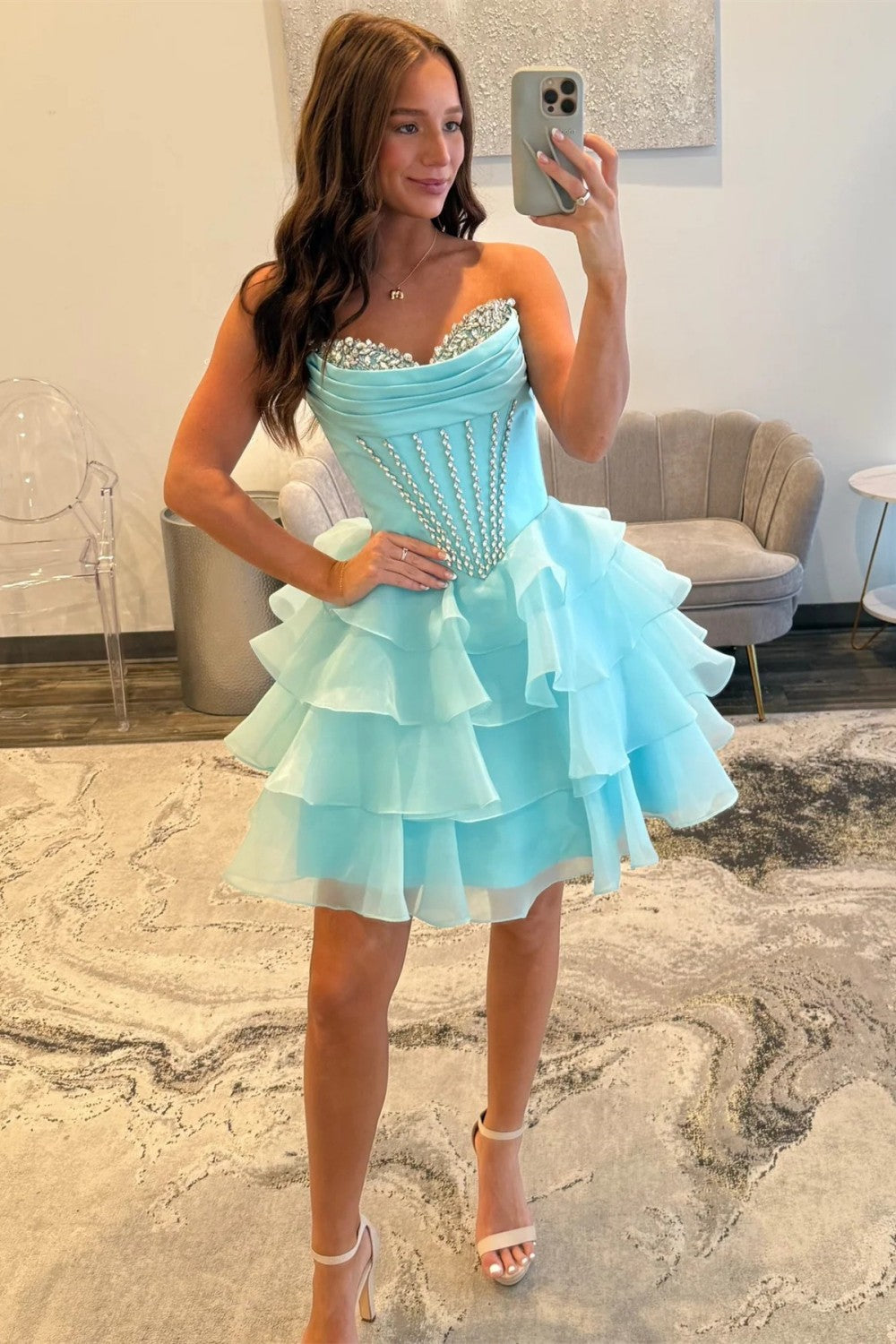 Glam Aqua Sweetheart Homecoming Dress with Rhinestone Bodice and Layered Ruffle Skirt