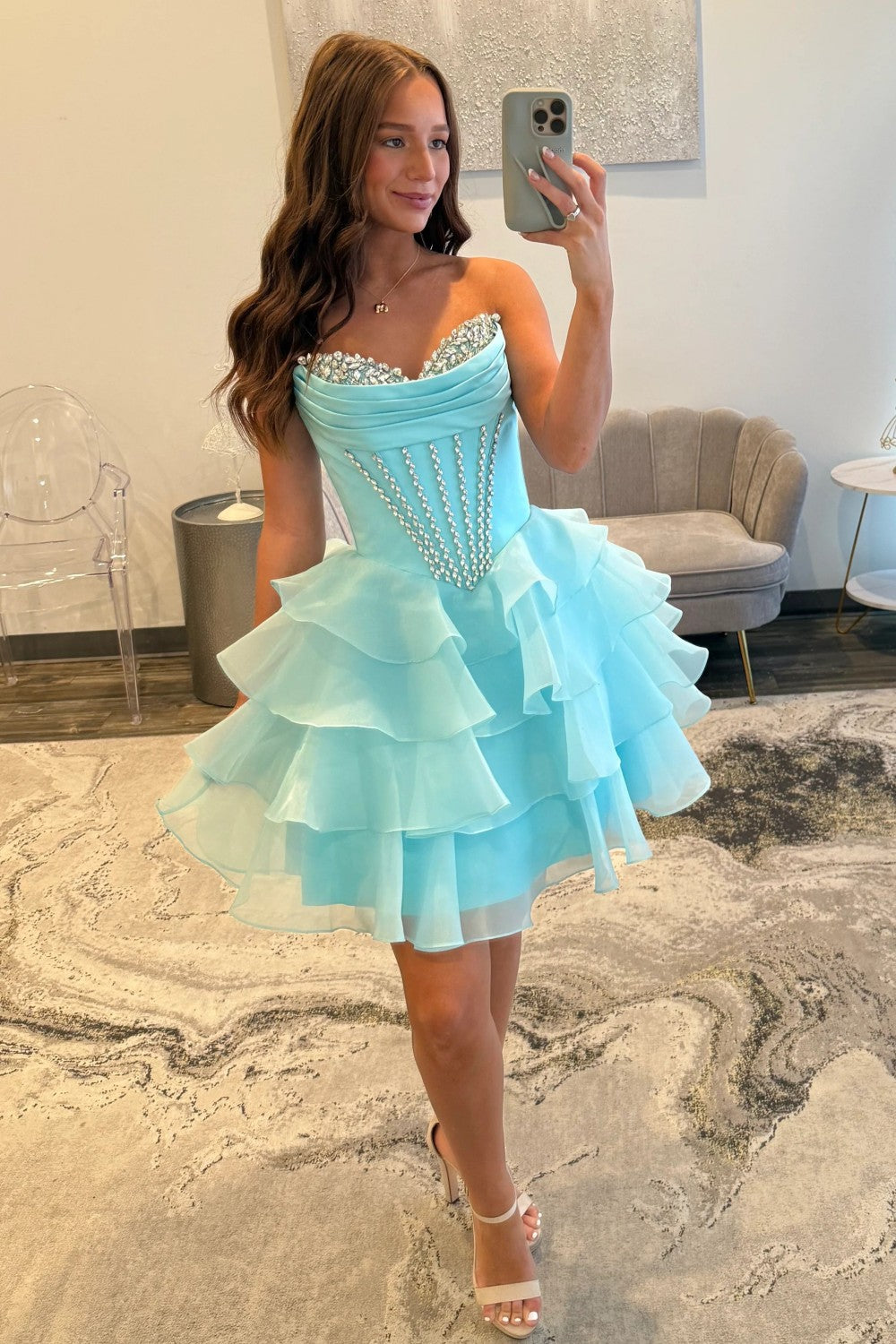 Glam Aqua Sweetheart Homecoming Dress with Rhinestone Bodice and Layered Ruffle Skirt