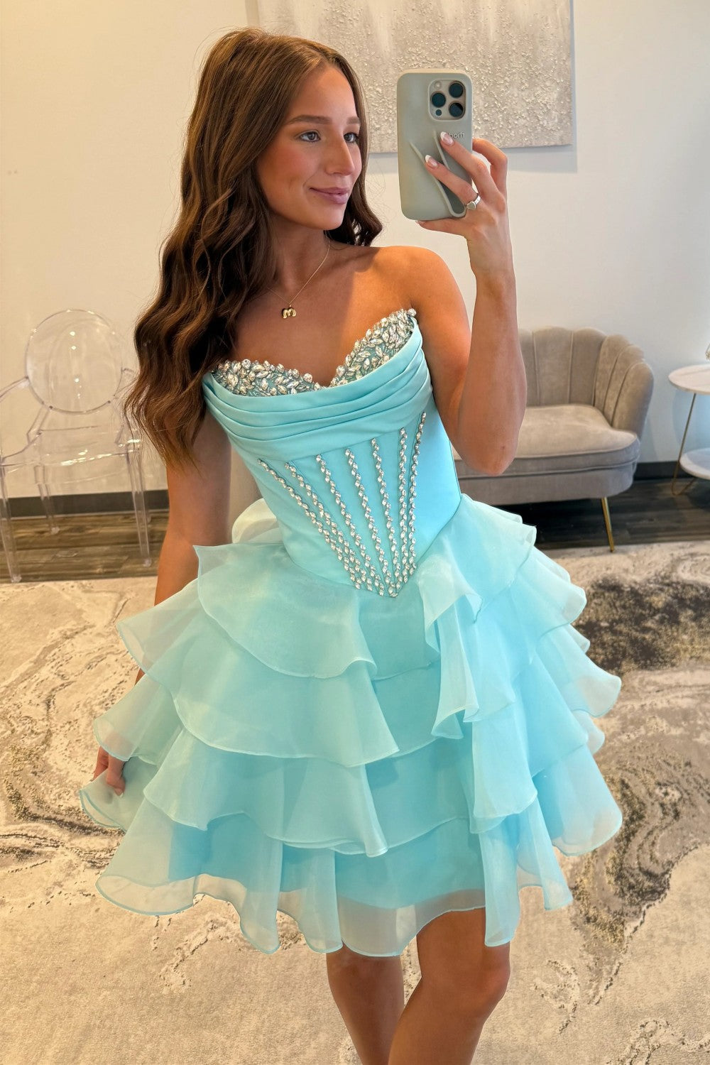 Glam Aqua Sweetheart Homecoming Dress with Rhinestone Bodice and Layered Ruffle Skirt