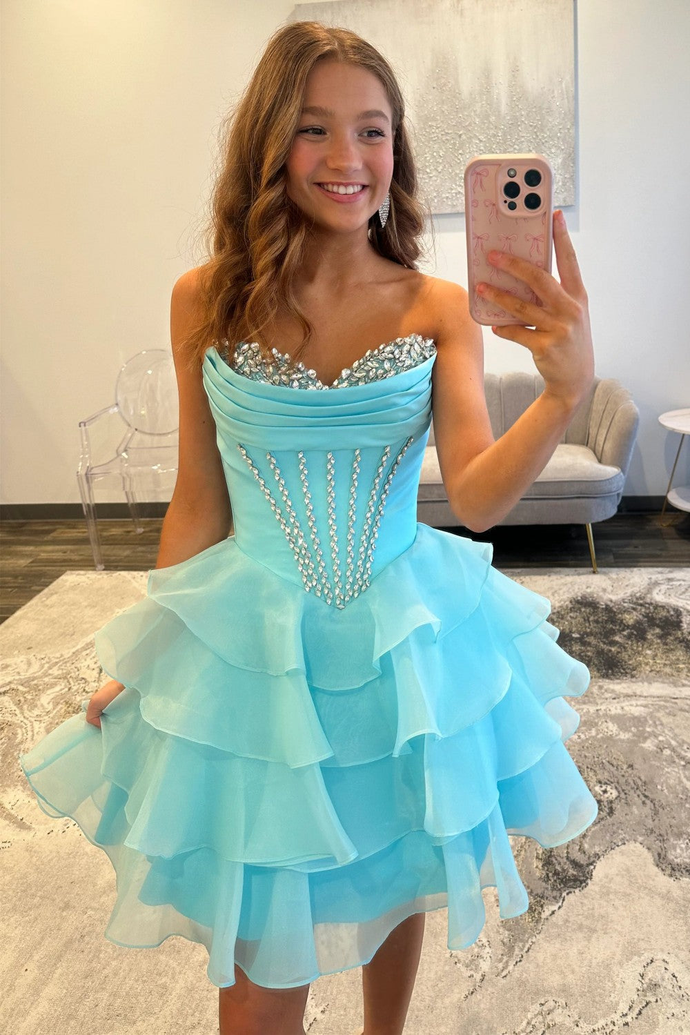 Glam Aqua Sweetheart Homecoming Dress with Rhinestone Bodice and Layered Ruffle Skirt