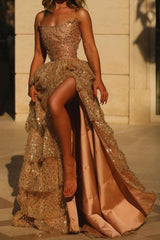 Glam Black Strapless Sequin Tiered Prom Dress with High Leg Slit