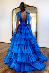 Glam Pink A-Line tiered ruffle V-neck prom gown with high slit