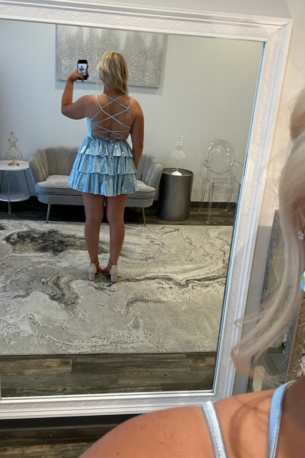 Glamorous A-Line Spaghetti Straps Short Tiered Sparkly Homecoming Dress