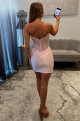 Glamorous Beaded Corset Mini Homecoming Dress with Rhinestone Detailing