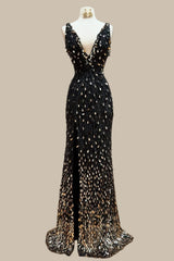 Glamorous Black Sequin Mermaid Prom Dress with Deep V-Neck and High Slit
