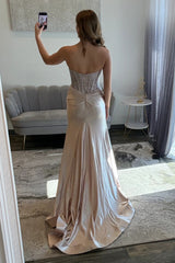 Glamorous Champagne Sweetheart Beaded Top Satin Prom Dress With High Slit