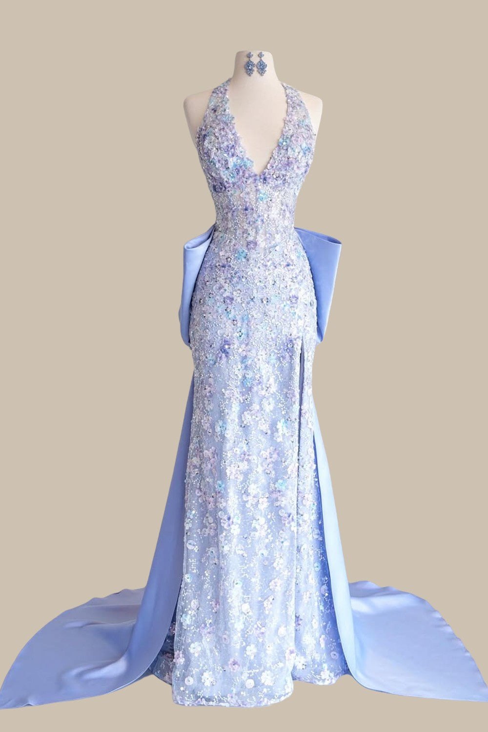 Glamorous Embellished Lavender Halter Neck Mermaid Dress with a Train for Prom