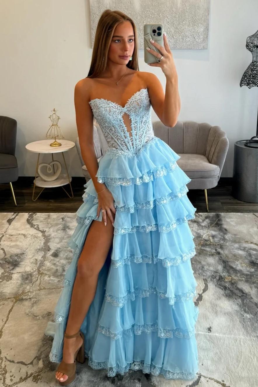 Glamorous Light Blue Strapless Lace Corset Tiered Tulle Prom Dress with Slit