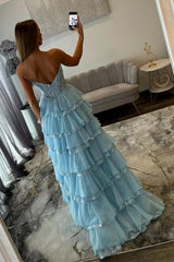 Glamorous Light Blue Strapless Lace Corset Tiered Tulle Prom Dress with Slit