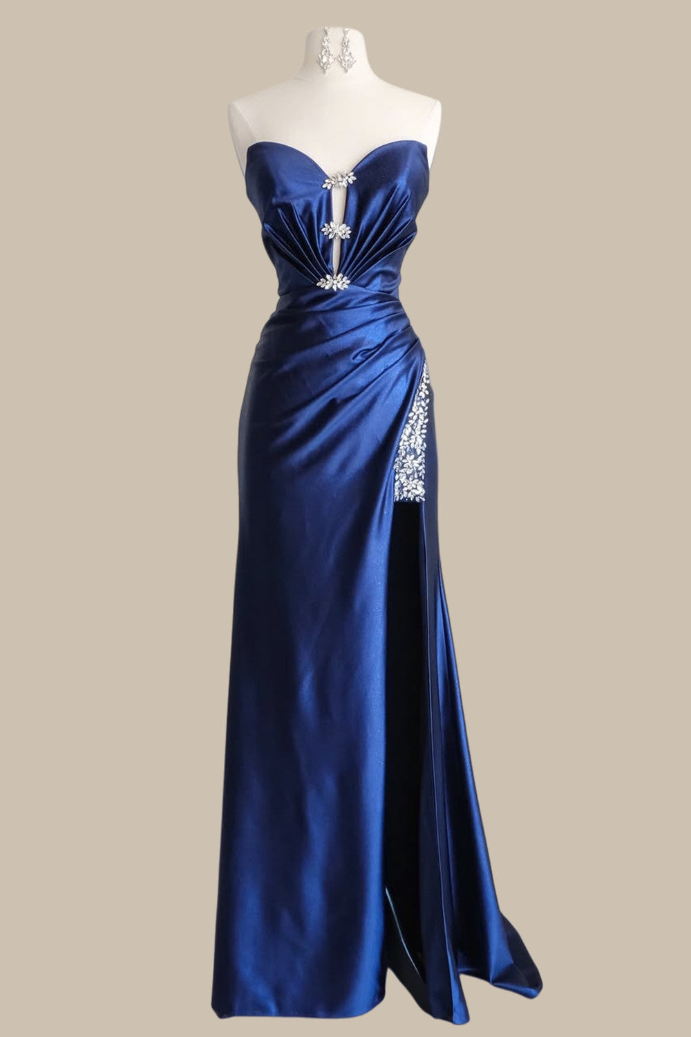 Glamorous Navy Blue Mermaid Satin Strapless Prom Dress with Rhinestone Detail