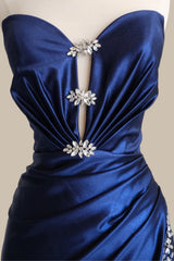 Glamorous Navy Blue Mermaid Satin Strapless Prom Dress with Rhinestone Detail