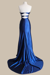 Glamorous Navy Blue Mermaid Satin Strapless Prom Dress with Rhinestone Detail