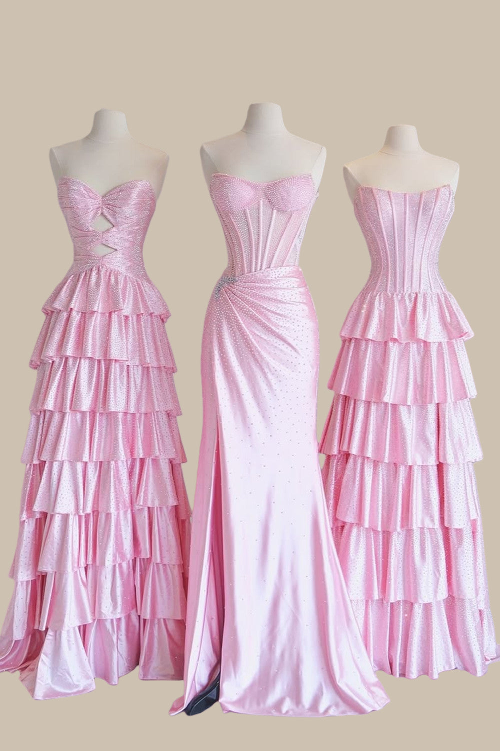 Glamorous Pink Strapless Prom Dress Corset Bodice Tiered Ruffles & Sleek Satin Formal Gowns