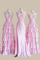 Glamorous Pink Strapless Prom Dress Corset Bodice Tiered Ruffles & Sleek Satin Formal Gowns