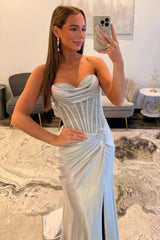 Glamorous Silver Sweetheart Long Satin Corset Prom Dress with Beaded Top