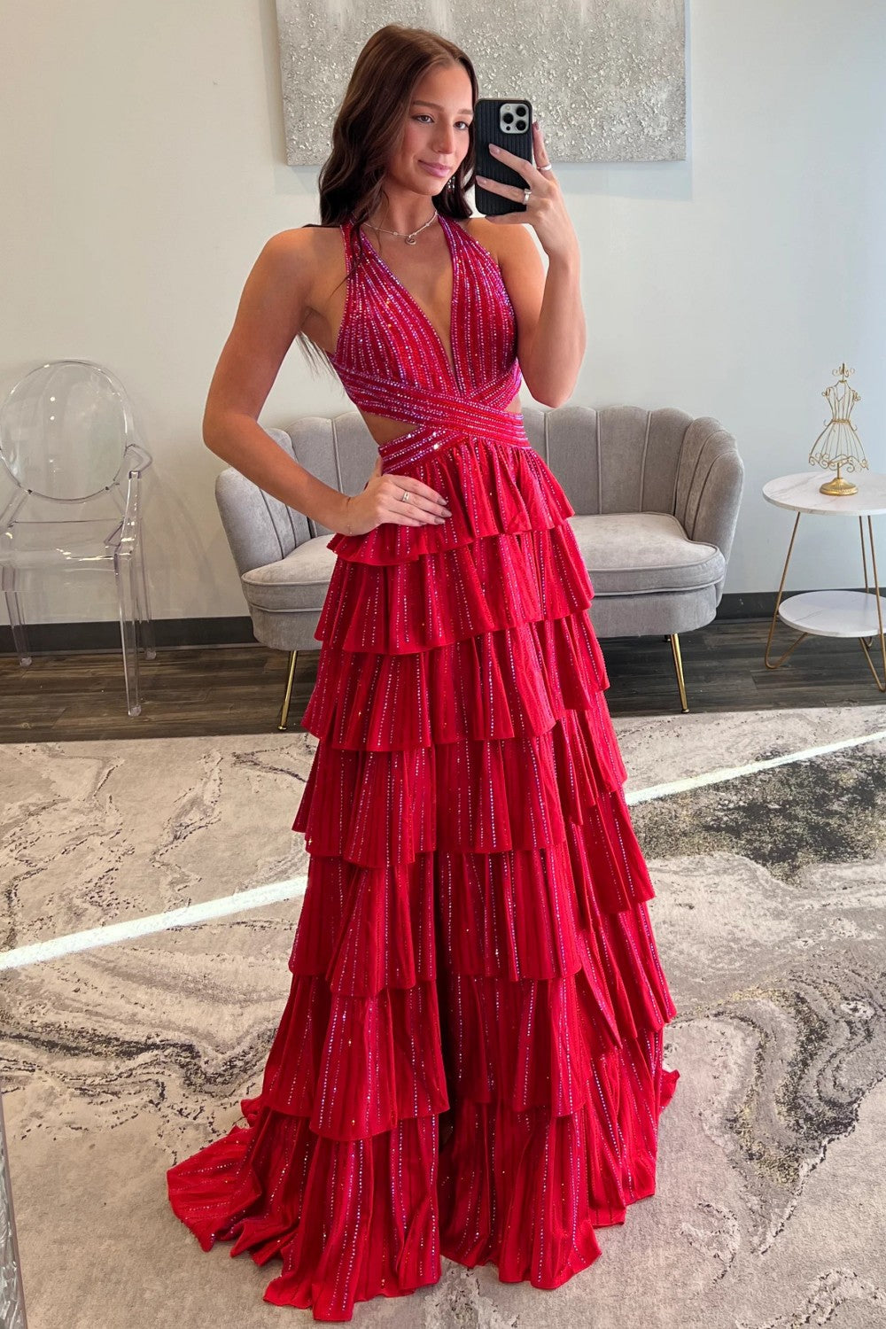 Furlla Women Sexy Black V Neck A Line Prom Dress with Sparkly Beaded Layers and Thigh Slit Furlla Official Furlla Women Sexy Black V Neck A Line Prom Dress with Sparkly Beaded Layers and Thigh Slit Furlla Official
