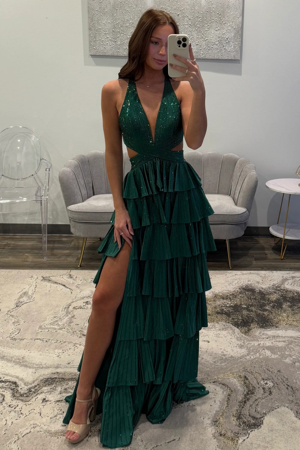 Furlla Women Sexy Black V Neck A Line Prom Dress with Sparkly Beaded Layers and Thigh Slit Furlla Official Furlla Women Sexy Black V Neck A Line Prom Dress with Sparkly Beaded Layers and Thigh Slit Furlla Official