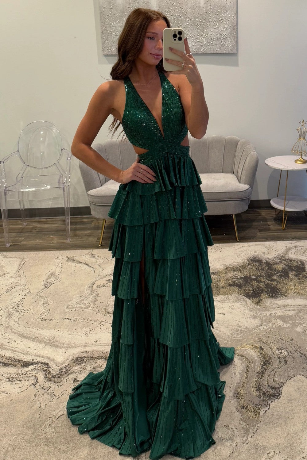 Furlla Women Sexy Black V Neck A Line Prom Dress with Sparkly Beaded Layers and Thigh Slit Furlla Official Furlla Women Sexy Black V Neck A Line Prom Dress with Sparkly Beaded Layers and Thigh Slit Furlla Official