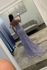 Glitter Lavender Off-the-Shoulder Mermaid Prom Dress with Sequined Lace