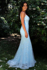 Glitter Light Blue Spaghetti Straps Floral Appliqué Mermaid Prom Dress