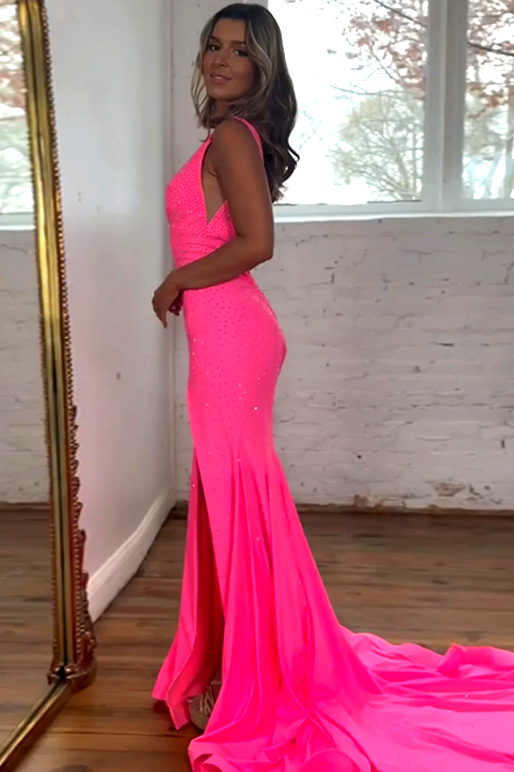 Furlla Women Glitter Pink Mermaid Prom Dress with V Neckline Beaded Embellishment and Sweep Train Furlla Official Furlla Women Glitter Pink Mermaid Prom Dress with V Neckline Beaded Embellishment and Sweep Train Furlla Official