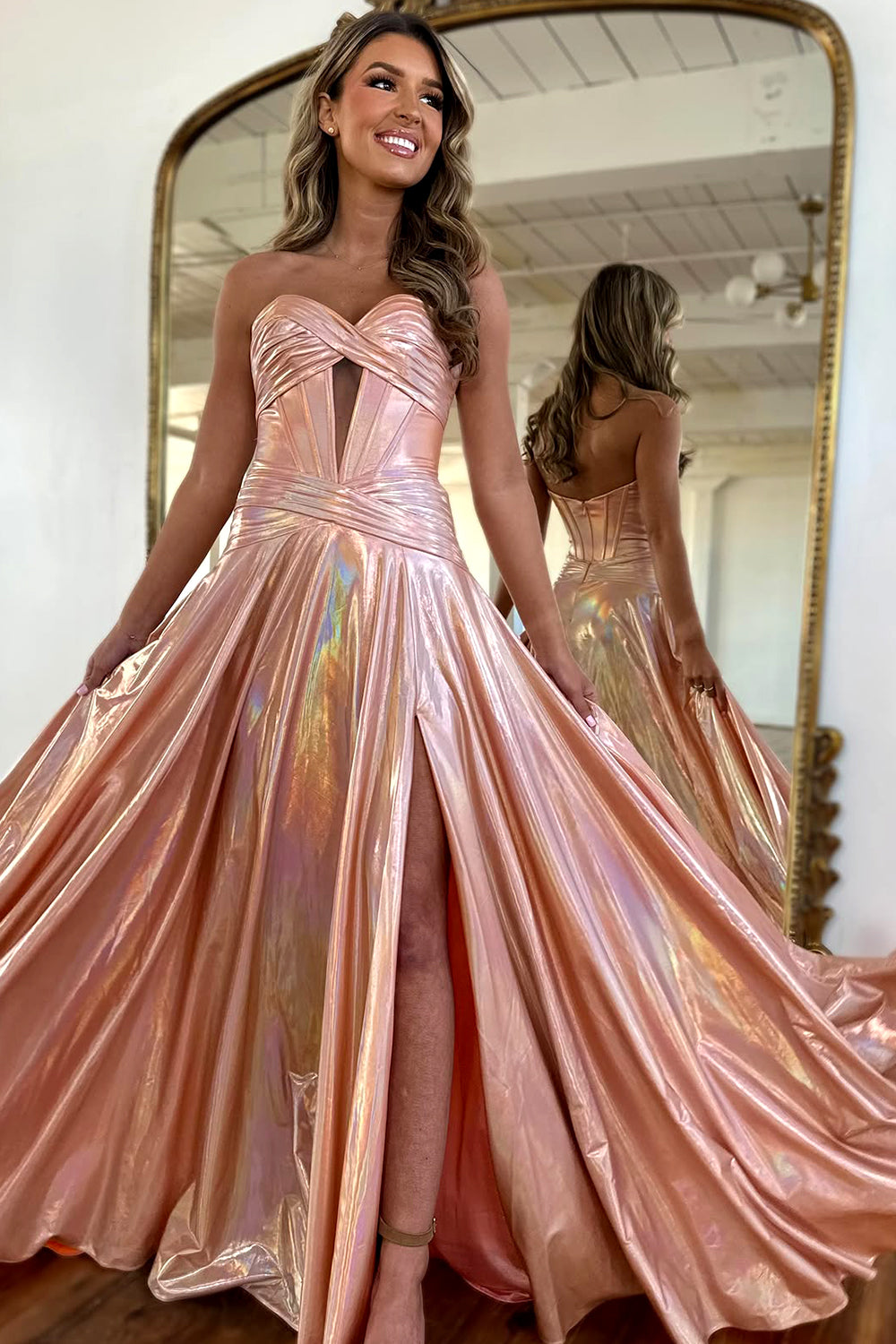Glitter Pink Metallic Sweetheart A-Line Prom Dress with Leg Slit