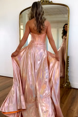 Glitter Pink Metallic Sweetheart A-Line Prom Dress with Leg Slit