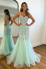 Glitter Sequin Mint Green Spaghetti Straps Corset Prom Dress with Tulle Skirt