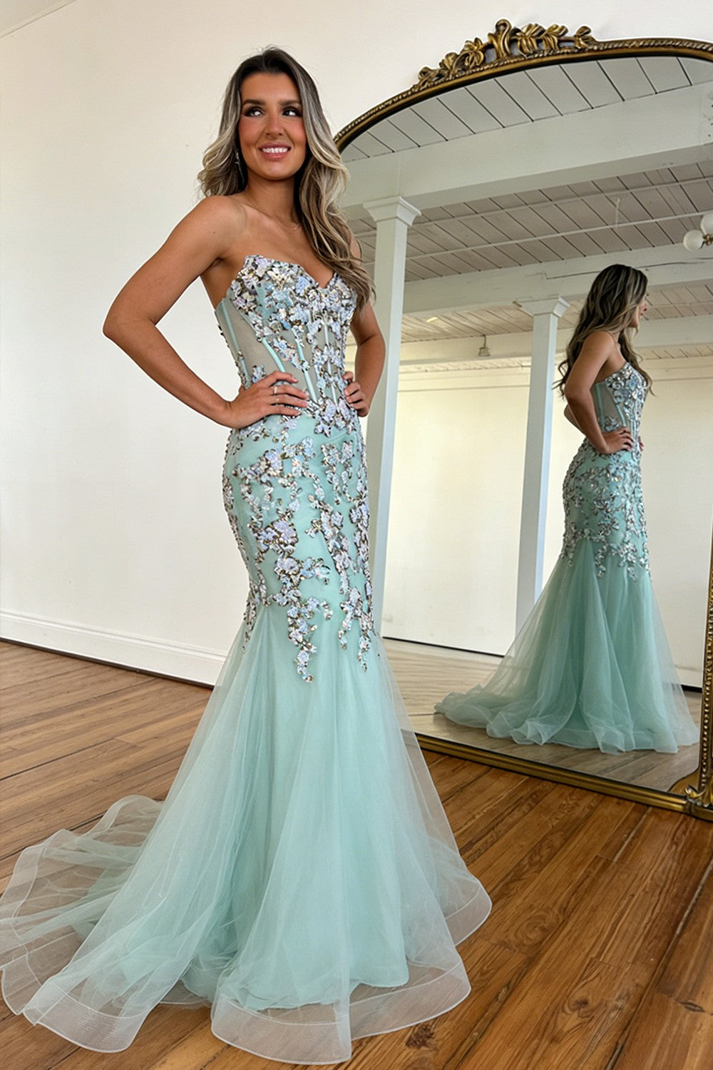mint green spaghetti strap dress A-line Spaghetti Straps Mint Green Prom Dress Beautiful Princess Dress SELINADRESS