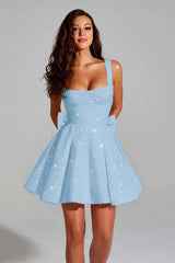Glitter Square Neck Flared A-Line Homecoming Dress with Back Bow