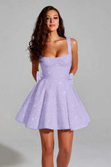 Glitter Square Neck Flared A-Line Homecoming Dress with Back Bow