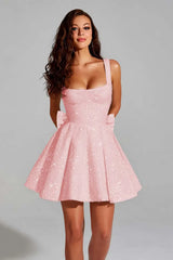 Glitter Square Neck Flared A-Line Homecoming Dress with Back Bow
