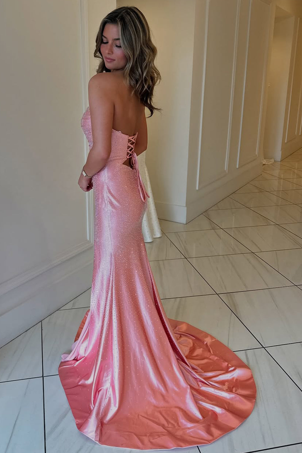 Glitter Yellow Mermaid Sweetheart Long Beaded Prom Dress with Leg Slit