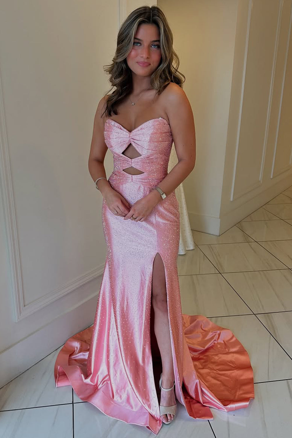 Glitter Yellow Mermaid Sweetheart Long Beaded Prom Dress with Leg Slit