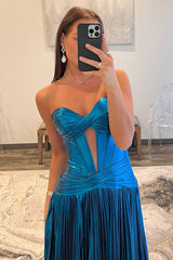 Peacock Blue Metallic A Line Prom Dress with Sweetheart Neckline and Leg Slit