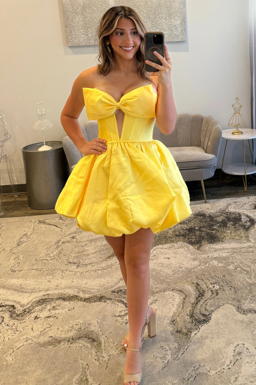 Glossy Satin A-Line Strapless Lace Up Short Homecoming Dress with Bowknot