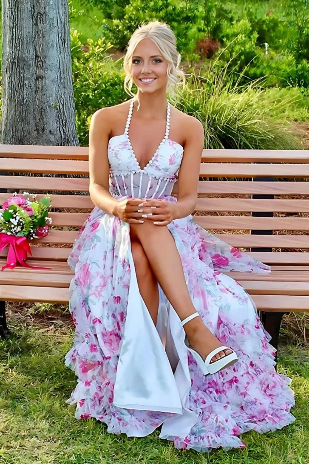 Gorgeous A Line Halter Neck Pink Floral Printed Corset Prom Dress with Ruffles