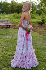Gorgeous A Line Halter Neck Pink Floral Printed Corset Prom Dress with Ruffles