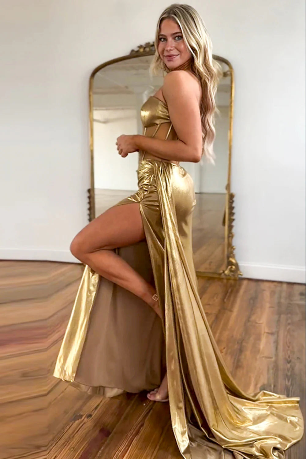 Furlla Women Gold Metallic Strapless Corset Prom Dress with Sheer