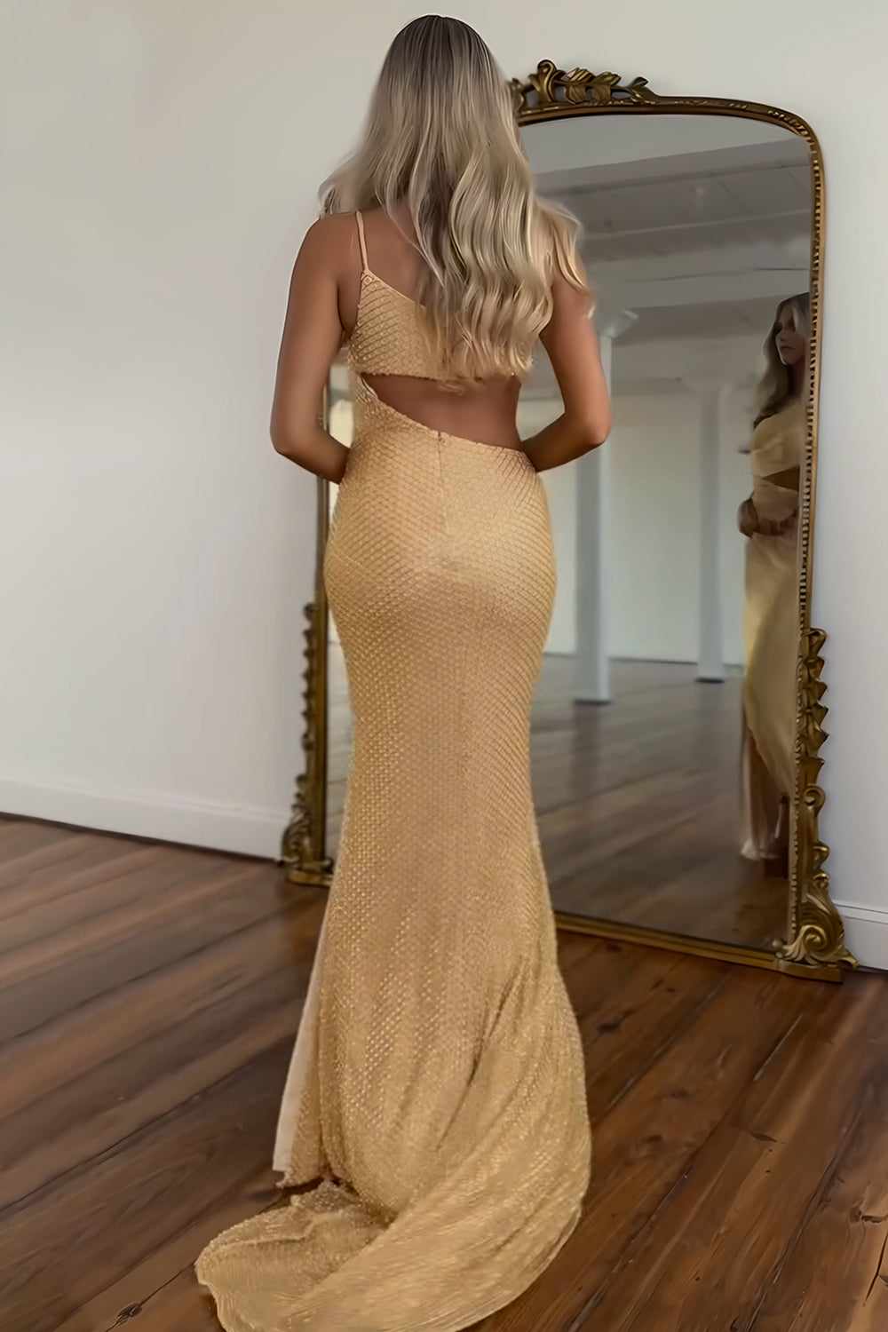Furlla Women Gold One-Shoulder Sequin Mermaid Prom Dress with Architectural Cutout Furlla Official Furlla Women Gold One-Shoulder Sequin Mermaid Prom Dress with Architectural Cutout Furlla Official
