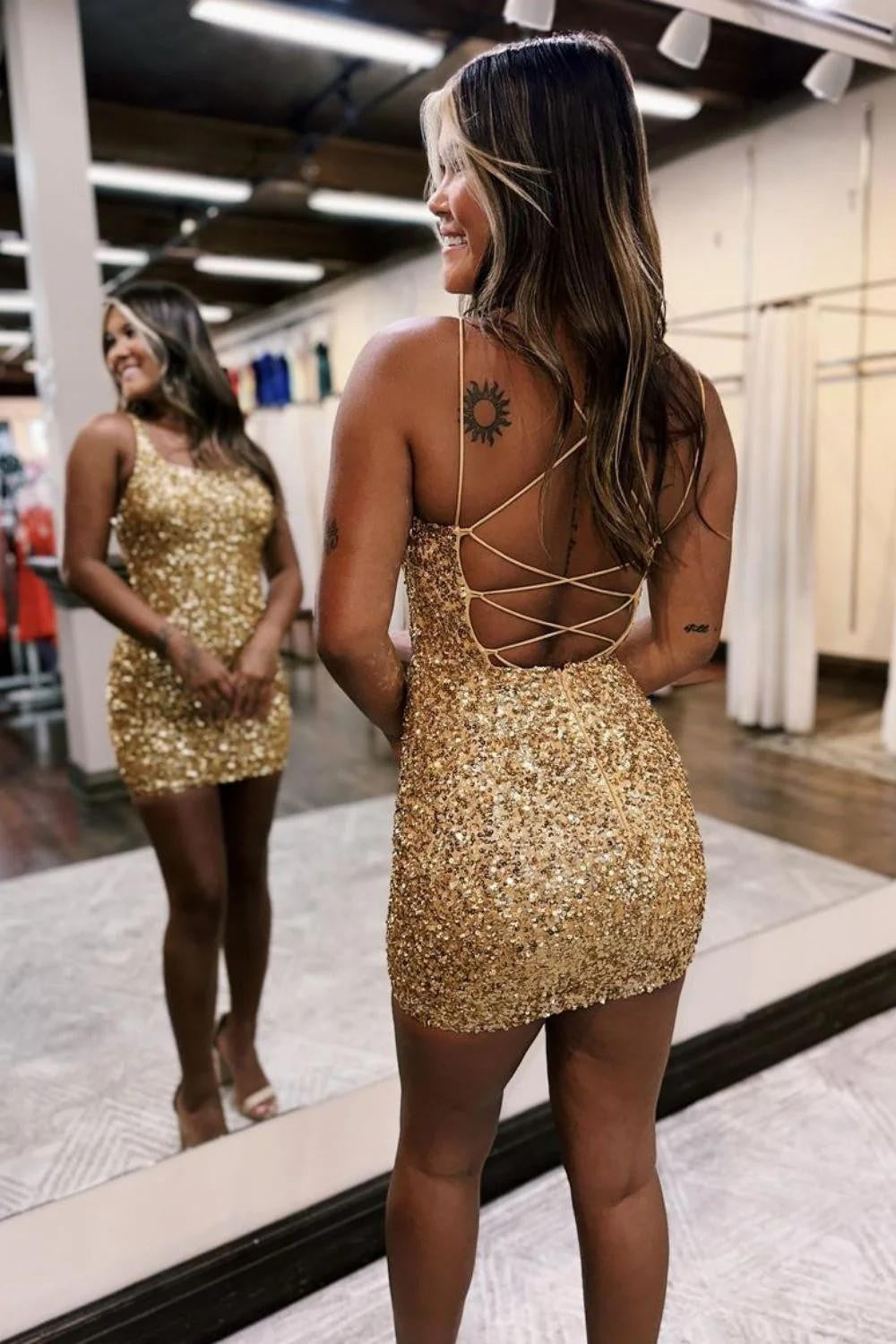 Furlla Women Gold Sequin Homecoming Dress with Spaghetti Straps and Fitted Silhouette Furlla Official Furlla Women Gold Sequin Homecoming Dress with Spaghetti Straps and Fitted Silhouette Furlla Official