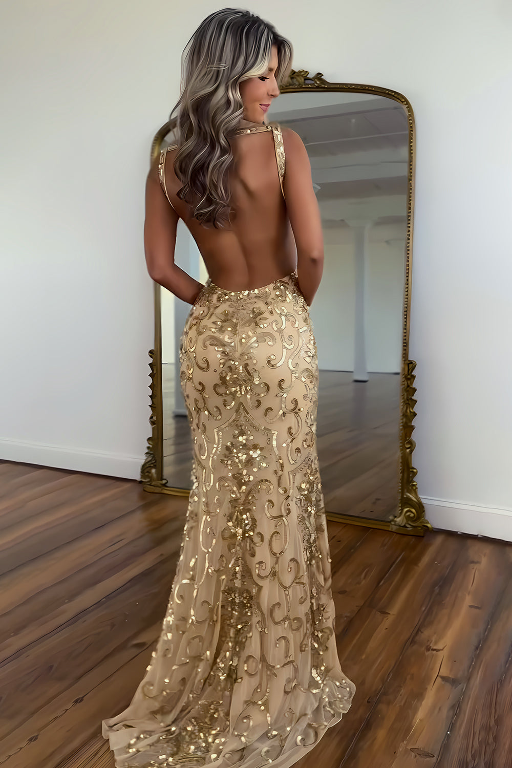 Furlla Women Gold Sequin V-Neck Mermaid Prom Dress with Open Back and High Slit Furlla Official Furlla Women Gold Sequin V-Neck Mermaid Prom Dress with Open Back and High Slit Furlla Official