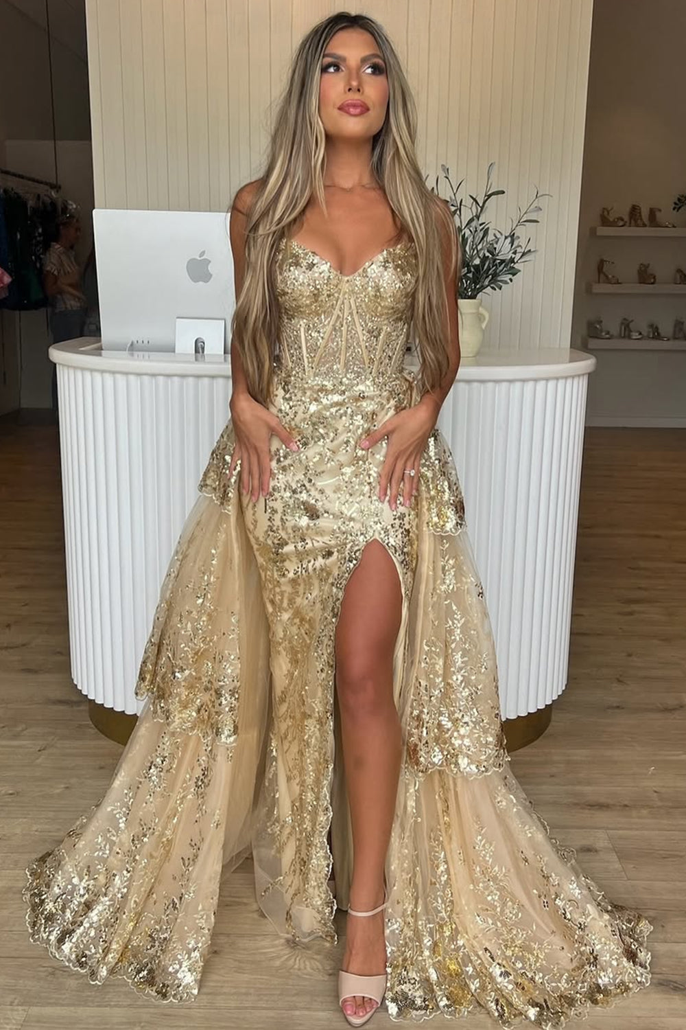 Gold Sequin Train Sweetheart A-Line Lace Long Prom Dress With Tiered Tulle Split