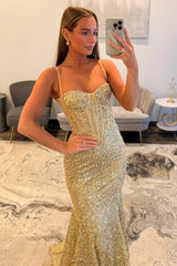 Gold Sparkly Mermaid Prom Dress with Spaghetti Straps and Corset Bodice